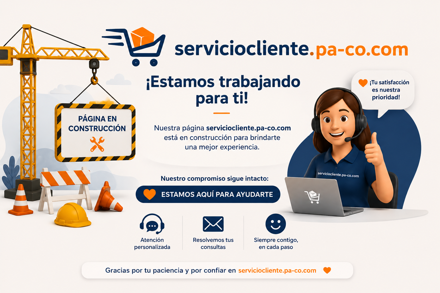 Página en construcción de Servicio al Cliente de PA-CO